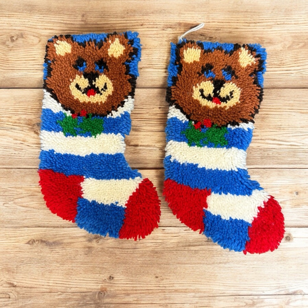 2 Latch Hook Rug Stocking Teddy Bears Holiday Christmas Blue Red White 18" Long